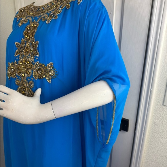 Vintage Unlabeled Beaded Chiffon Deep Turquoise Blue Caftan Dress One Size #203 - Picture 3 of 14